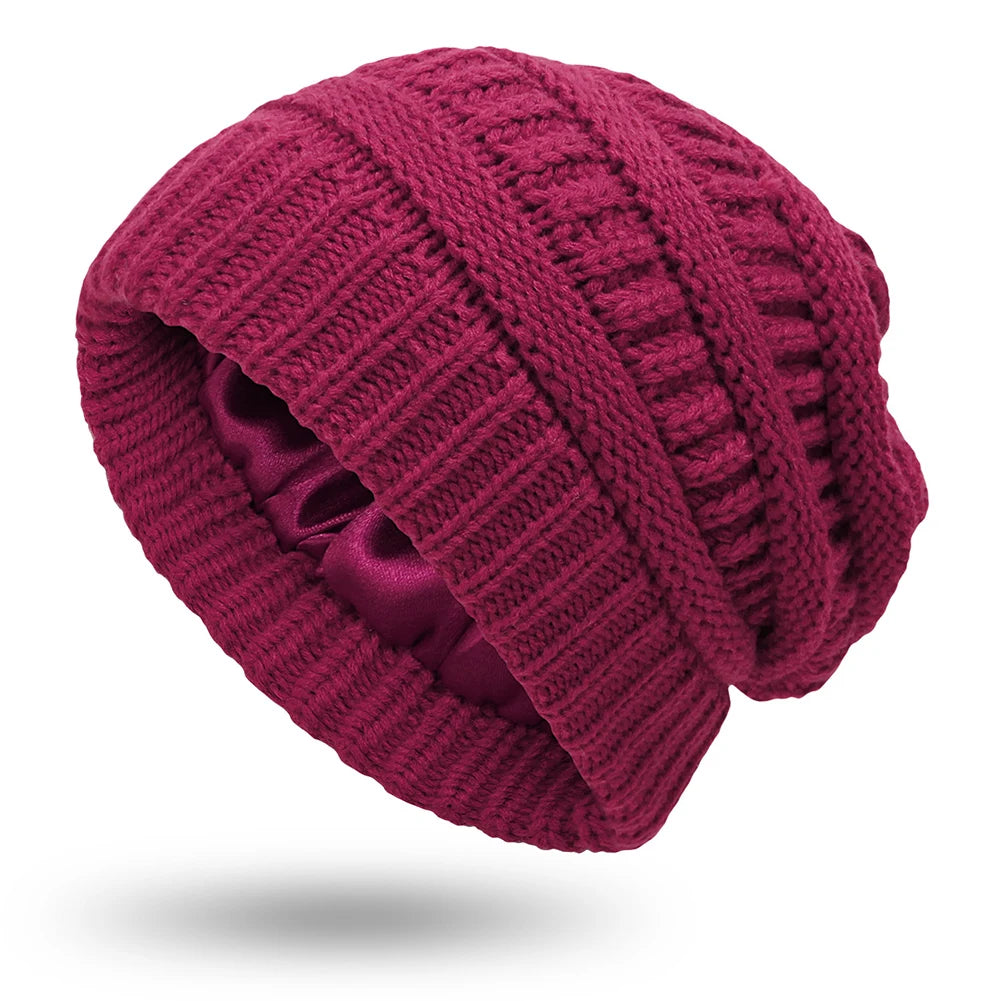 Women’s Silk-Satin Lined Chunky Knit Beanie