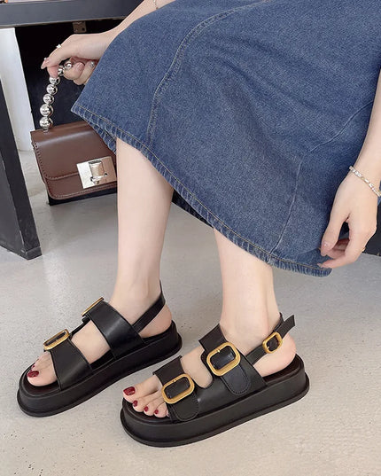 Korean Style Platform Sandals – Square Toe Buckle Flats for Women