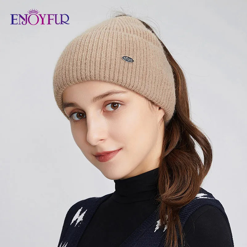 Enjoy Fur Women’s Winter Knit Ponytail Beanie-HighTouch