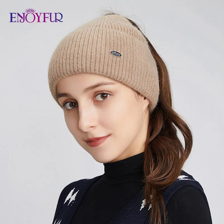 Enjoy Fur Women’s Winter Knit Ponytail Beanie-HighTouch