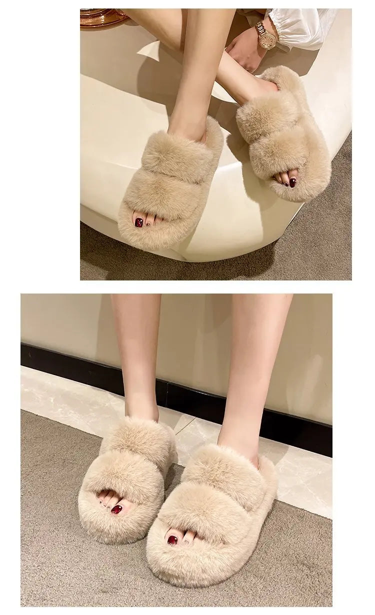 Women's Platform Plush Cotton Slippers – Thick Sole Indoor Fur Slides