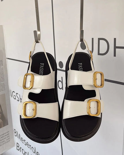 Korean Style Platform Sandals – Square Toe Buckle Flats for Women