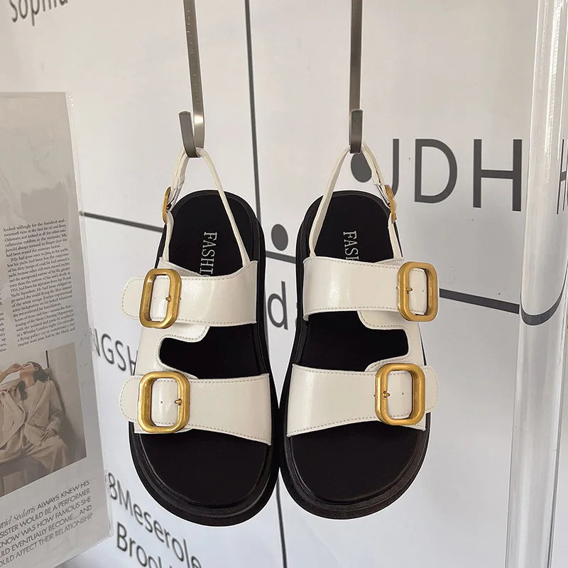 Korean Style Platform Sandals – Square Toe Buckle Flats for Women-HighTouch