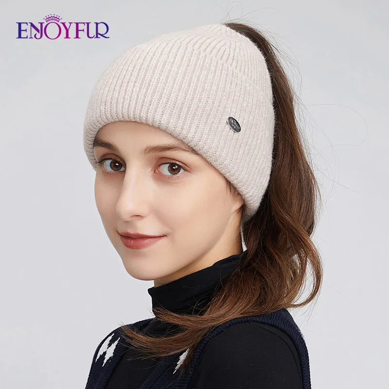 Enjoy Fur Women’s Winter Knit Ponytail Beanie-HighTouch