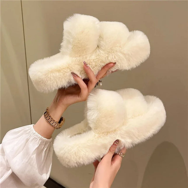 Women's Platform Plush Cotton Slippers – Thick Sole Indoor Fur Slides