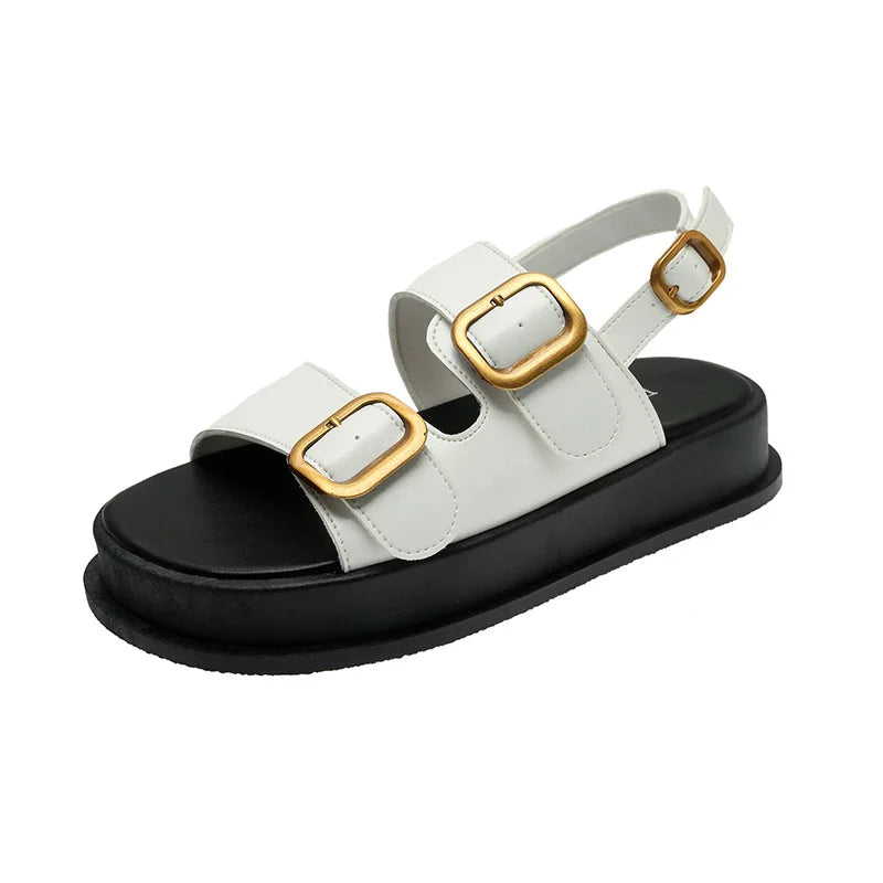 Women’s Platform Roman Sandals – Double-Buckle PU Comfort Slides
