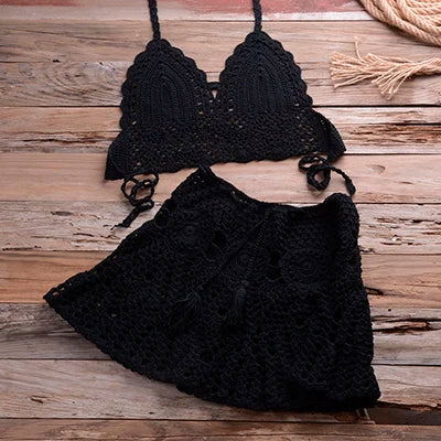 Liora - Women Crochet Halter Bikini Cover Up Set