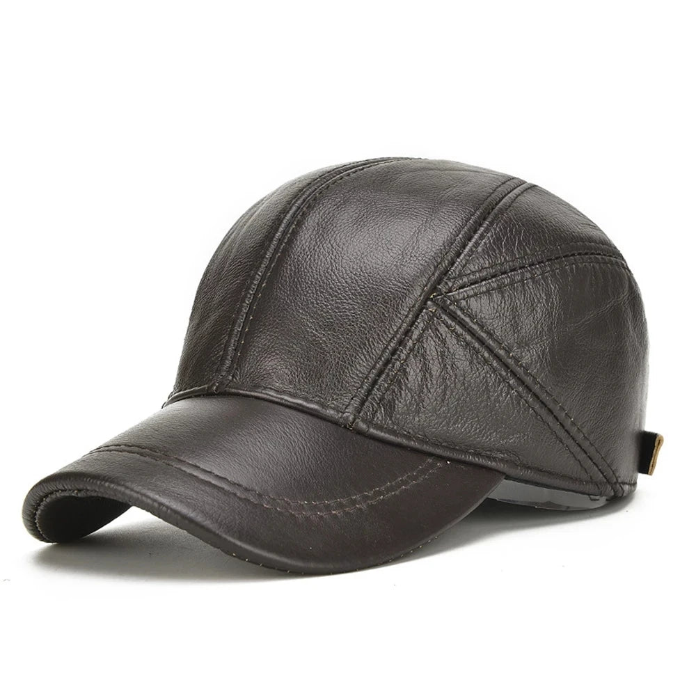 Genuine Leather Earflap Baseball Cap – Real Cowhide Winter Warmth-HighTouch