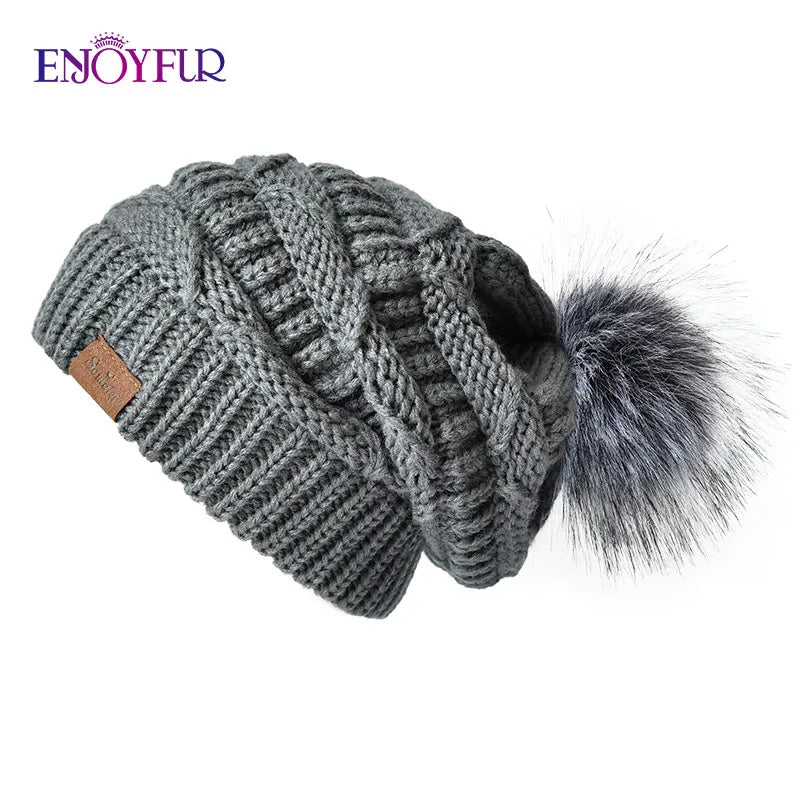 Women’s Faux Fur Pom Slouchy Knit Beanie