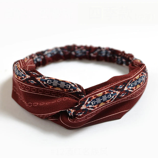Vintage Boho Printed Cross Turban Headband – Wide Stretchy Fabric Band