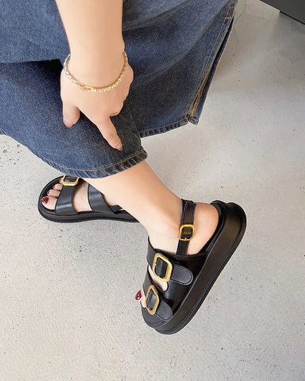 Korean Style Platform Sandals – Square Toe Buckle Flats for Women