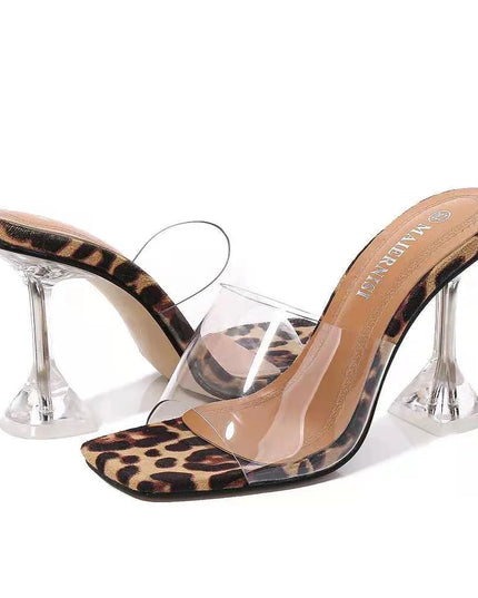 High Heeled Sandals Oversized Summer Leopard Print Transparent Tape Fashionable Square Toe Open Toe Cross-border Women's Shoes