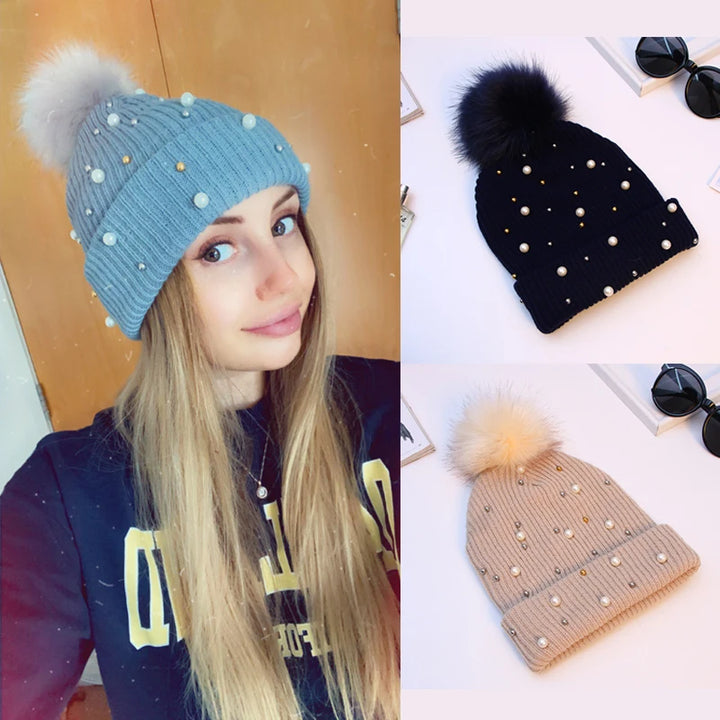 Pearl & Rhinestone Pom Pom Beanie-HighTouch