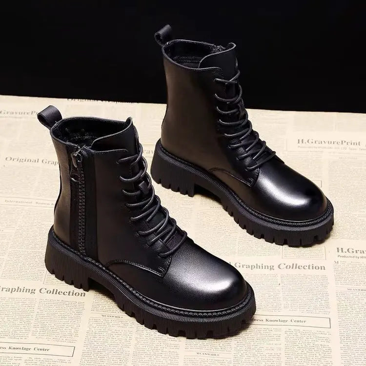 Women’s Luxury Black Leather Platform Lace‑Up Ankle Boots – Bold Comfort-HighTouch