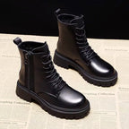 Women’s Luxury Black Leather Platform Lace‑Up Ankle Boots – Bold Comfort-HighTouch
