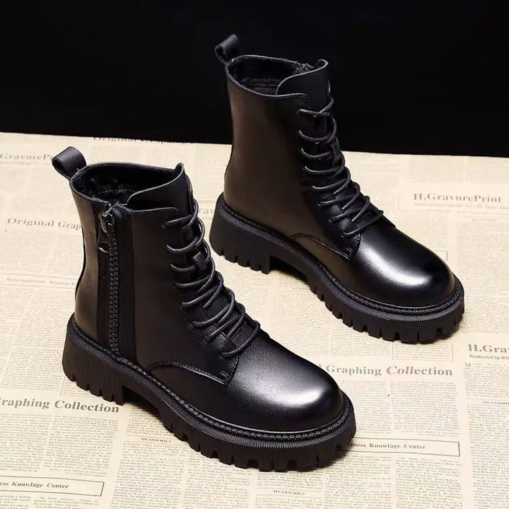 Women’s Luxury Black Leather Platform Lace‑Up Ankle Boots – Bold Comfort-HighTouch