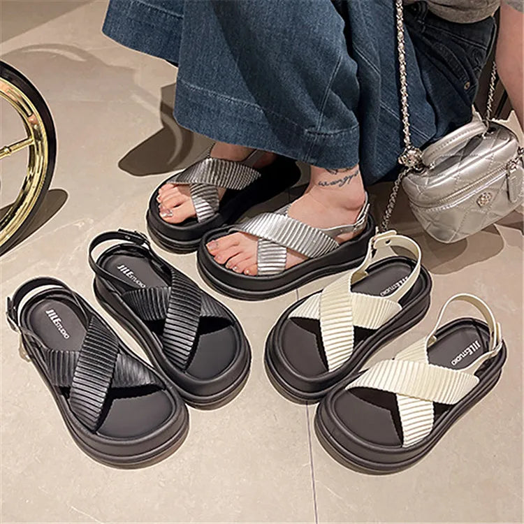 Women’s Thick Sole Cross Slide Slippers – Open Toe Summer Outdoor Flats-HighTouch