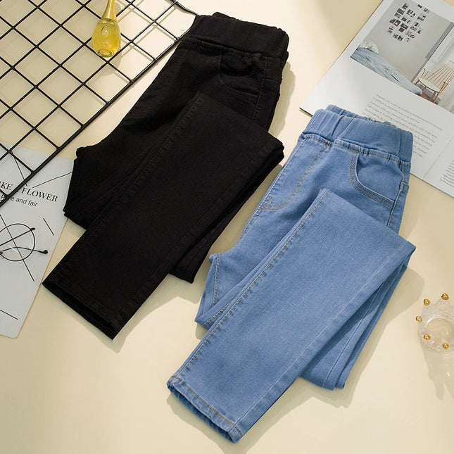 Black Elastic-Waist Slim Stretch Jeans – 6XL High-Waist Ankle-Length