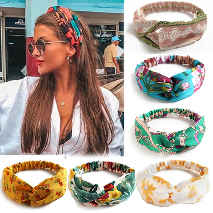 Vintage Boho Printed Cross Turban Headband – Wide Stretchy Fabric Band