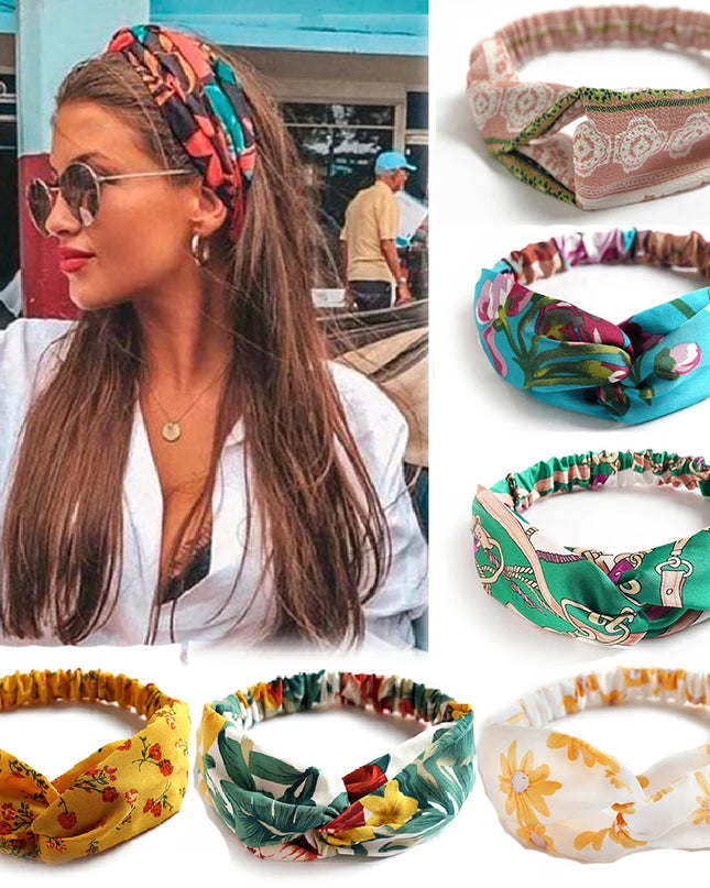 Vintage Boho Printed Cross Turban Headband – Wide Stretchy Fabric Band