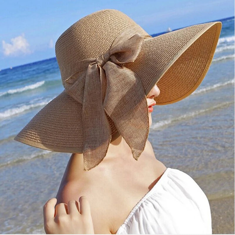 Wide-Brim Straw Fedora with Bowknot – Packable Summer Sun Hat-HighTouch