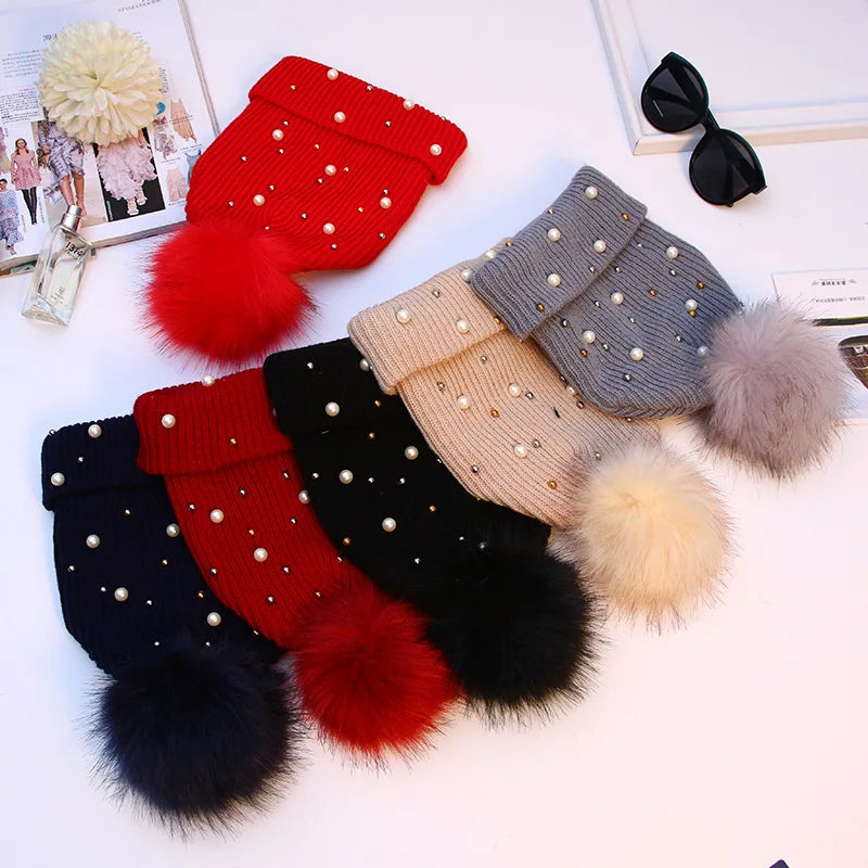 Pearl & Rhinestone Pom Pom Beanie-HighTouch