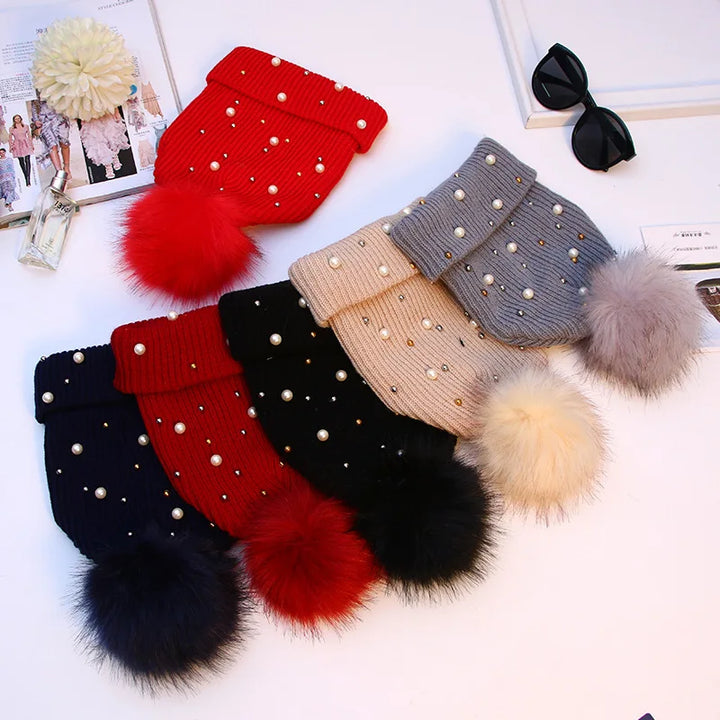 Pearl & Rhinestone Pom Pom Beanie-HighTouch