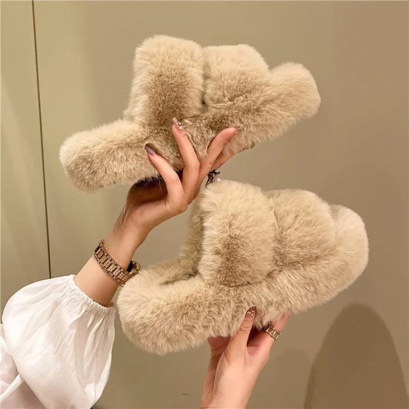 Women's Platform Plush Cotton Slippers – Thick Sole Indoor Fur Slides-HighTouch