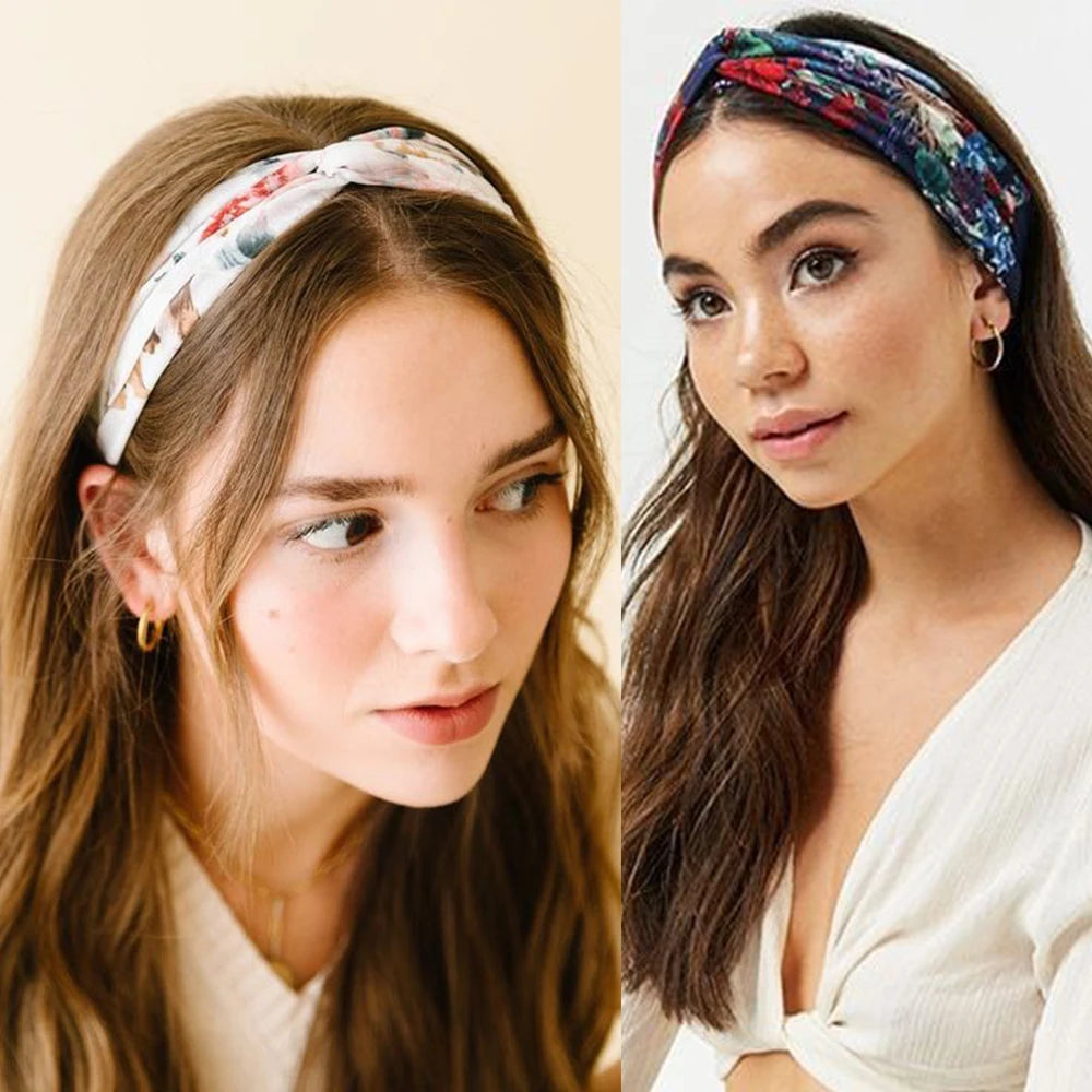 Vintage Boho Printed Cross Turban Headband – Wide Stretchy Fabric Band