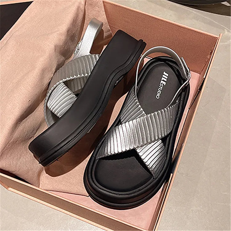 Women’s Thick Sole Cross Slide Slippers – Open Toe Summer Outdoor Flats-HighTouch