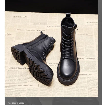 Women’s Luxury Black Leather Platform Lace‑Up Ankle Boots – Bold Comfort