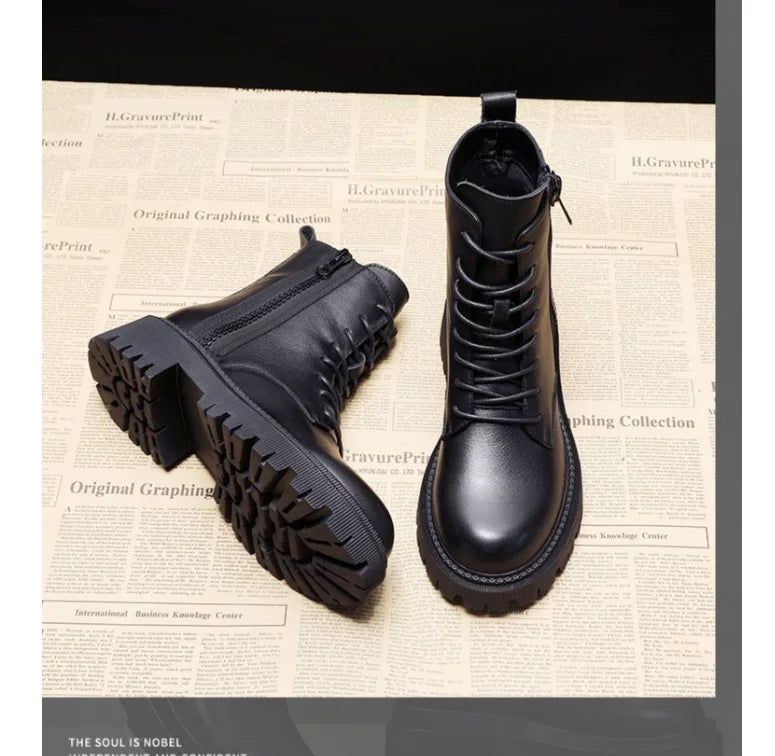 Women’s Luxury Black Leather Platform Lace‑Up Ankle Boots – Bold Comfort-HighTouch