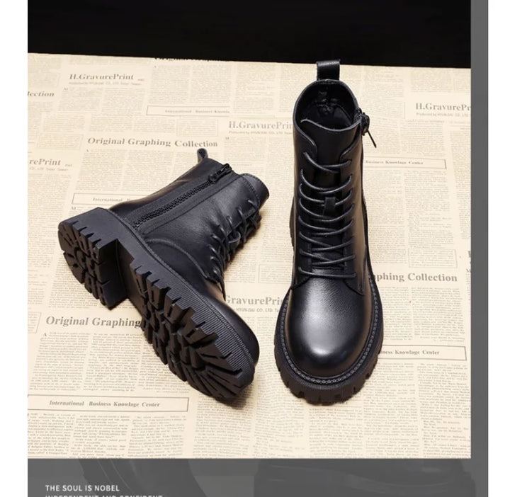 Women’s Luxury Black Leather Platform Lace‑Up Ankle Boots – Bold Comfort-HighTouch