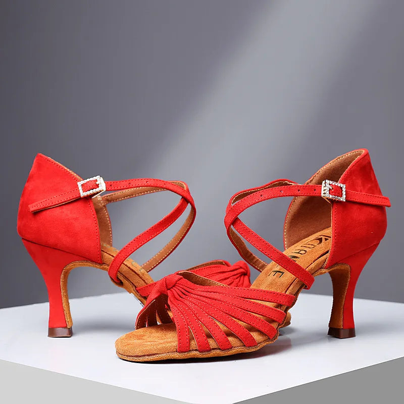 Red 7cm Soft Sole Women Latin Dance Shoes Strap Salsa Ballroom Tango Jazz Free Dancing Shoes