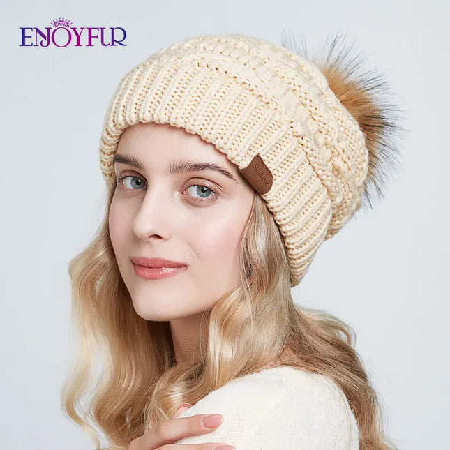 Women’s Faux Fur Pom Slouchy Knit Beanie