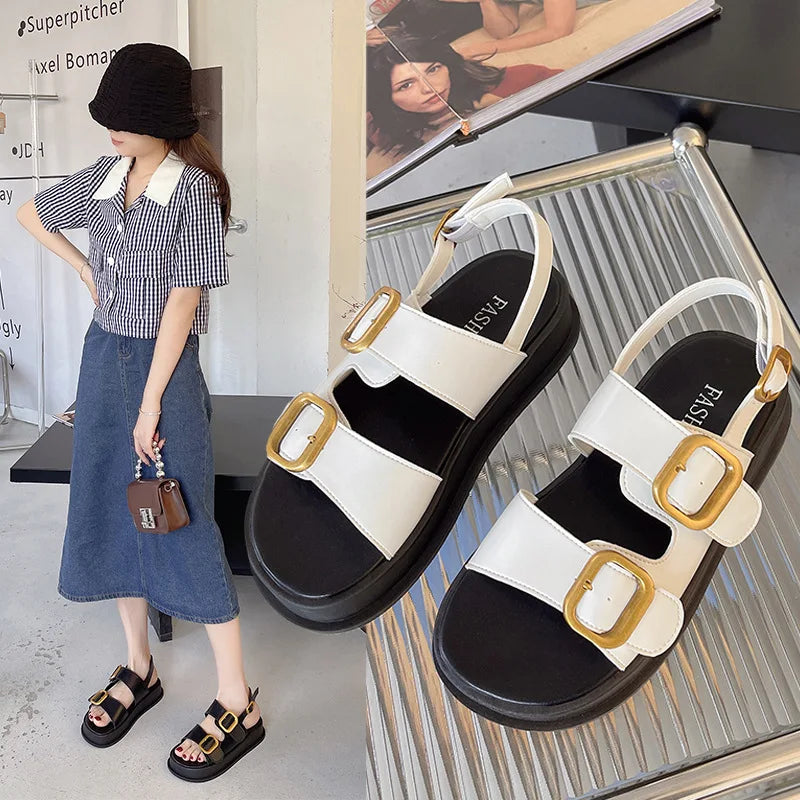 Korean Style Platform Sandals – Square Toe Buckle Flats for Women-HighTouch