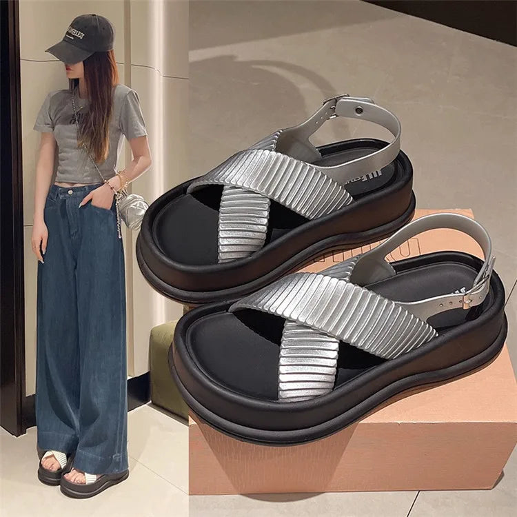 Women’s Thick Sole Cross Slide Slippers – Open Toe Summer Outdoor Flats