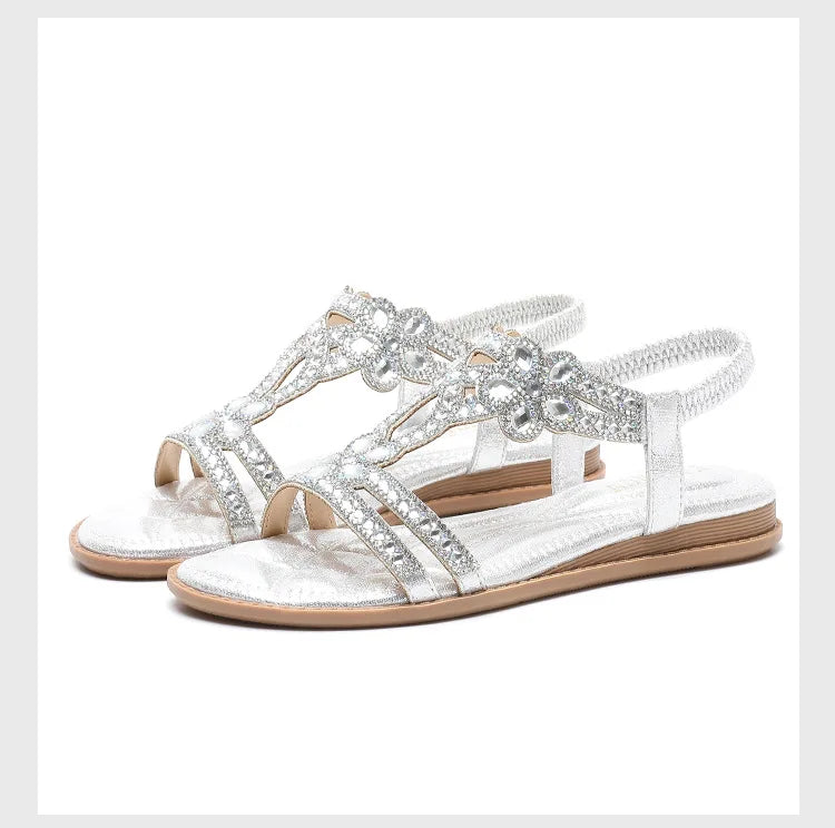 Bohemian Rhinestone Flat Sandals – Comfortable Summer T-Strap for Women