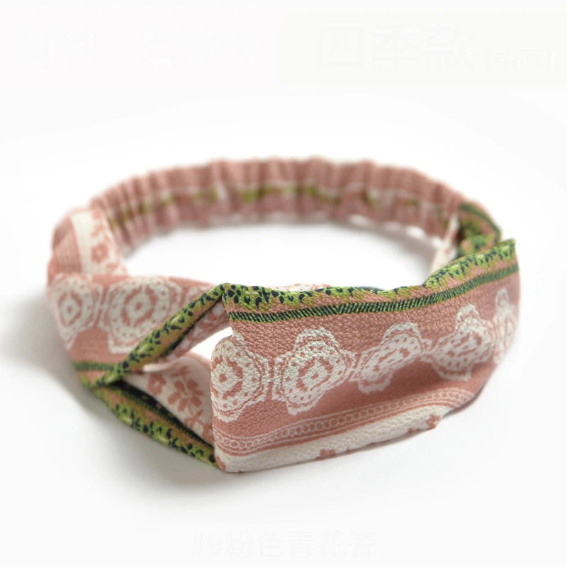 Vintage Boho Printed Cross Turban Headband – Wide Stretchy Fabric Band