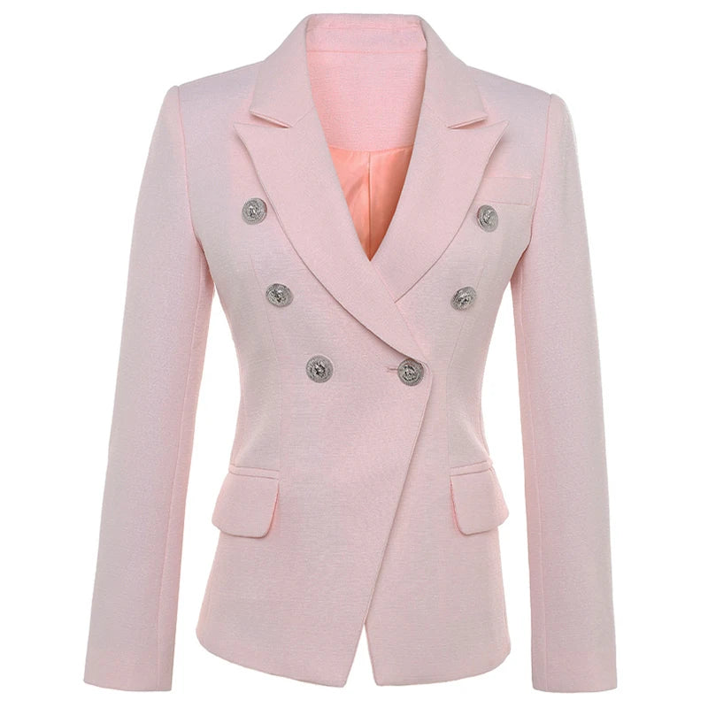 Baroque Double-Breasted Women's Blazer with Silver Lion Buttons