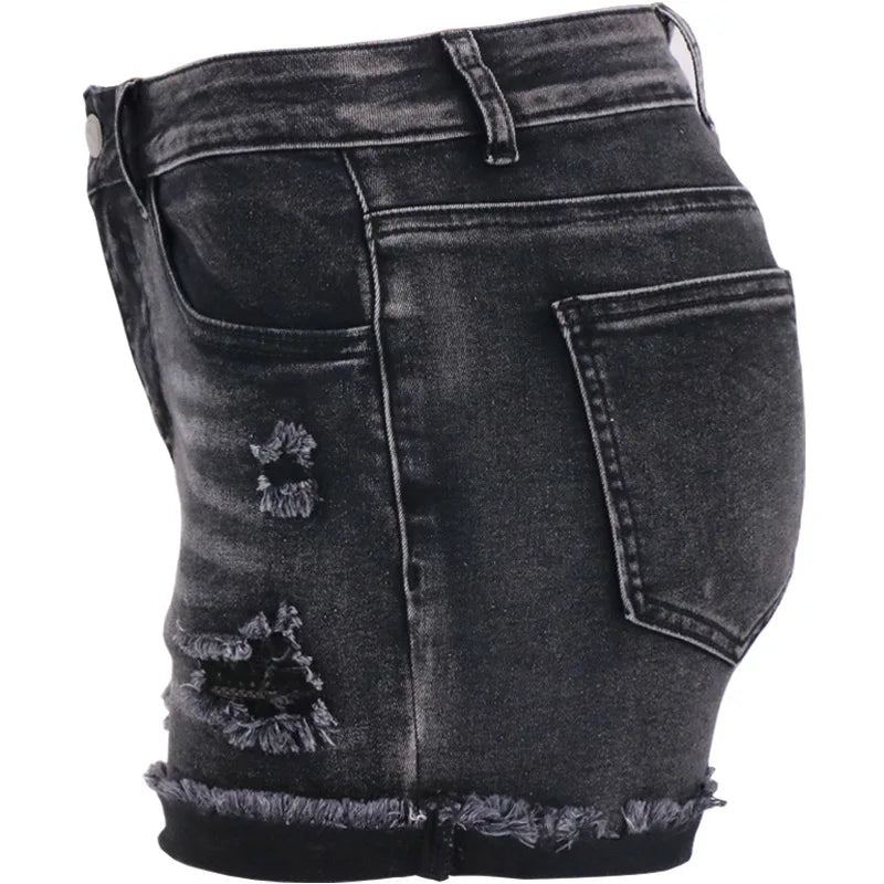 Black High-Waist Elastic Denim Shorts – Summer Casual for Women