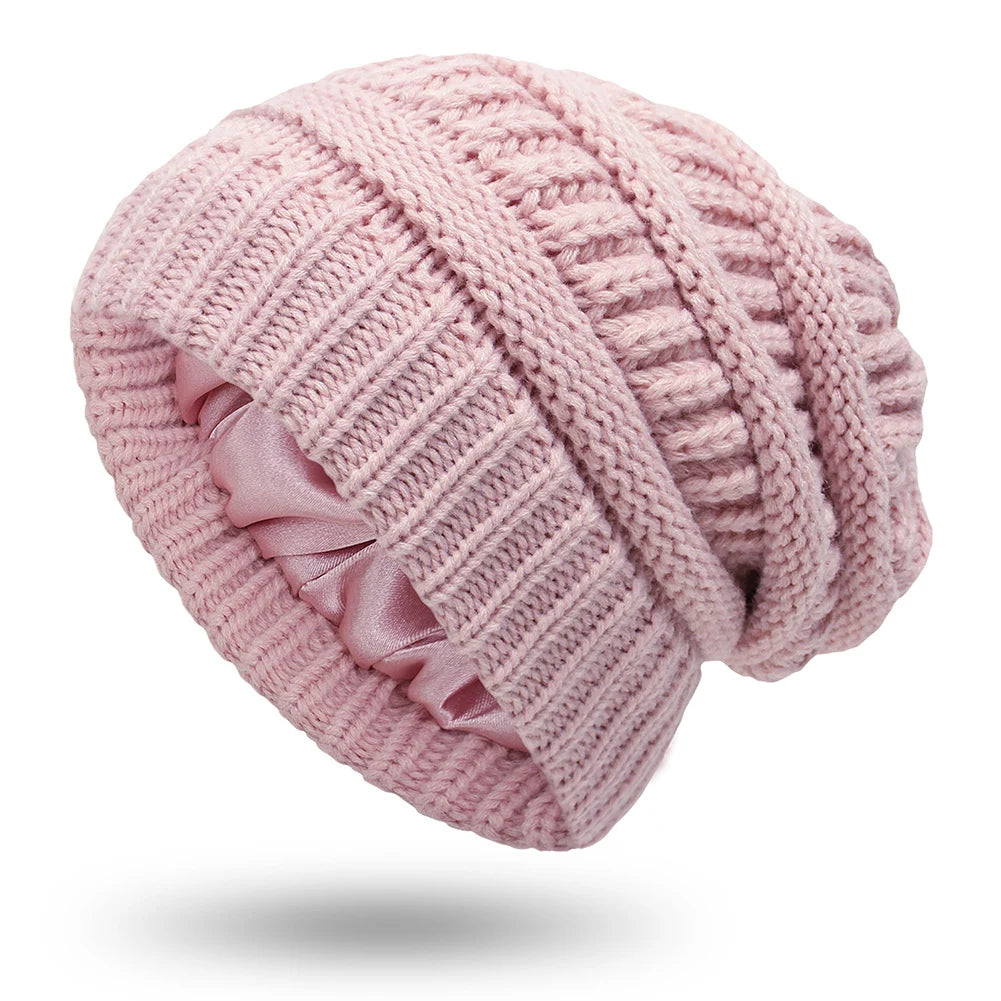 Women’s Silk-Satin Lined Chunky Knit Beanie