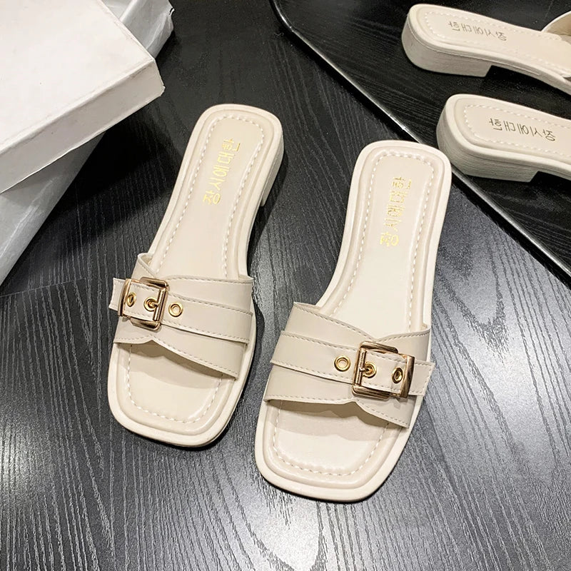 Stylish Outdoor PU Slippers with Gold Buckle – All-Season Comfort | Model 221