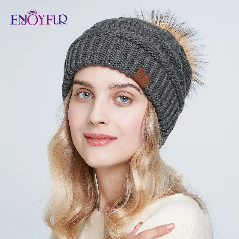 Women’s Faux Fur Pom Slouchy Knit Beanie