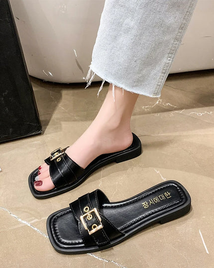 Stylish Outdoor PU Slippers with Gold Buckle – All-Season Comfort | Model 221