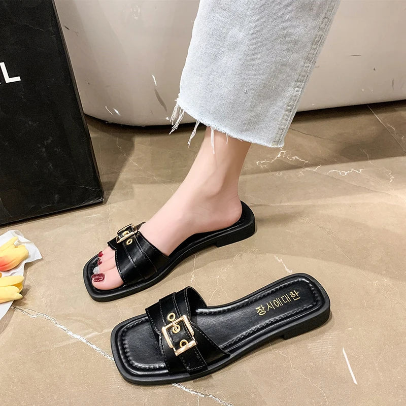 Stylish Outdoor PU Slippers with Gold Buckle – All-Season Comfort | Model 221