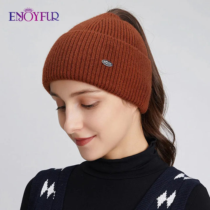 Enjoy Fur Women’s Winter Knit Ponytail Beanie-HighTouch