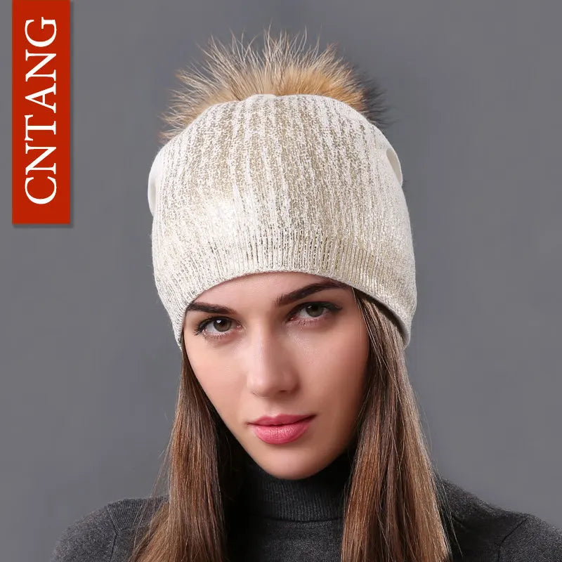 Women’s Chunky Knit Hat with Real Fur Pom Pom
