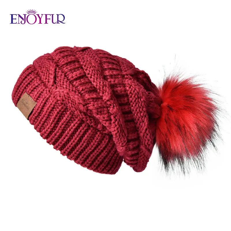 Women’s Faux Fur Pom Slouchy Knit Beanie