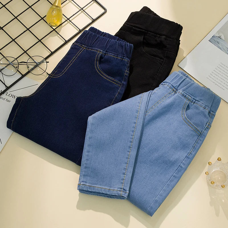 Black Elastic-Waist Slim Stretch Jeans – 6XL High-Waist Ankle-Length-HighTouch